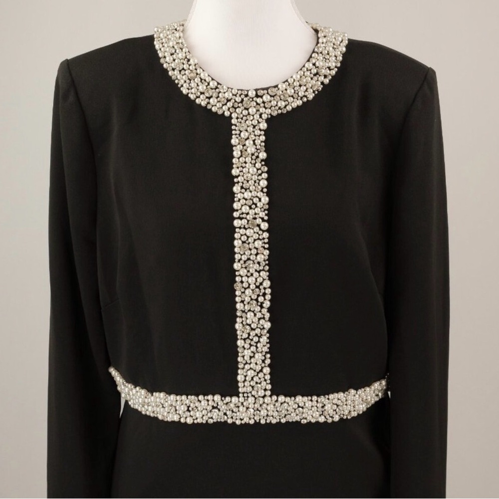 Badgley Mischka Black Dress with Pearl and Crystal Embellished Neckline